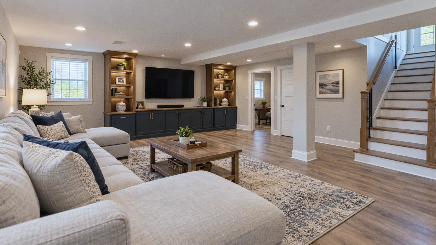 Concept rendering: basement retreat with daylight windows, a plush sectional and built-in shelving for Metairie, LA homes