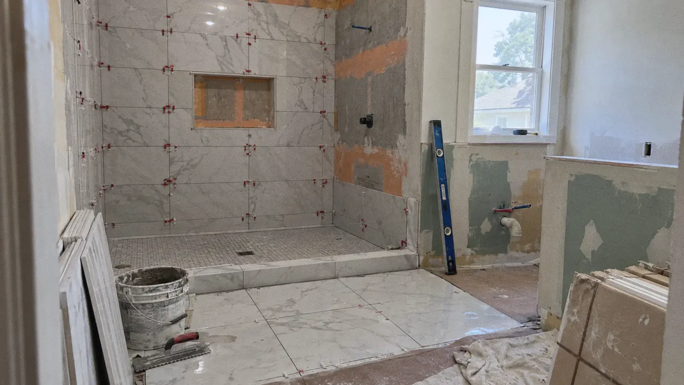 Concept rendering: bathroom shower during tile installation, with waterproofing and work in progress for Metairie, LA homes