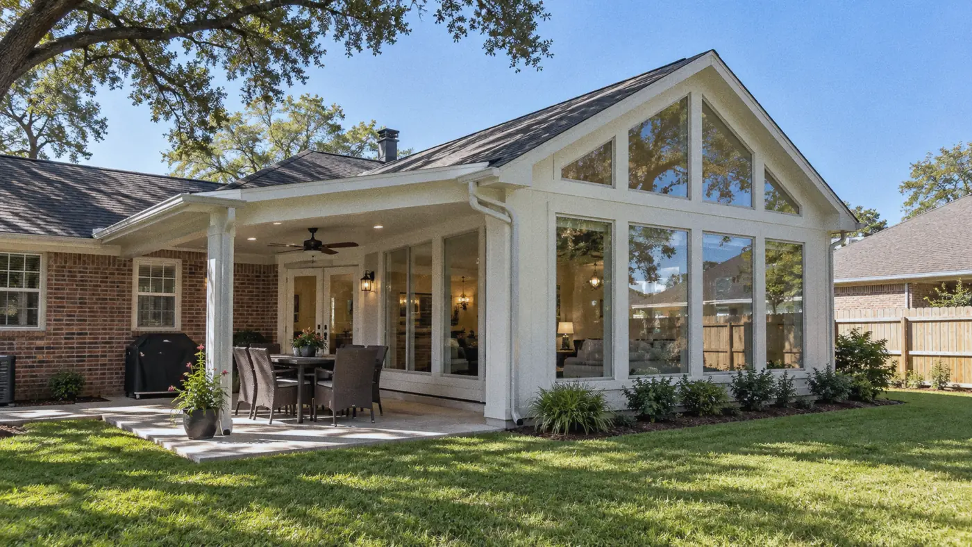 Concept rendering: gabled sunroom addition with tall windows and a covered patio for Metairie, LA homes