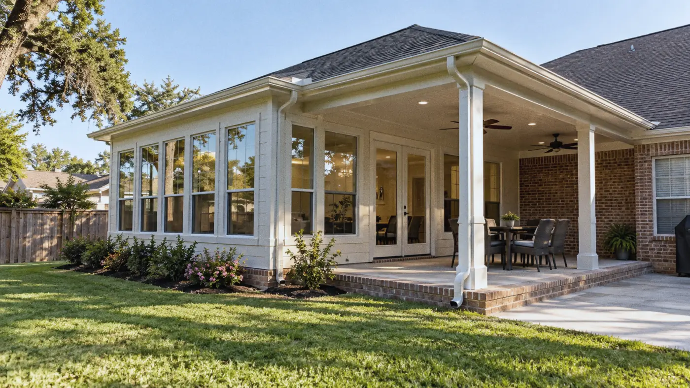 Concept rendering: garden room addition with walls of glass beside a covered patio for Metairie, LA homes
