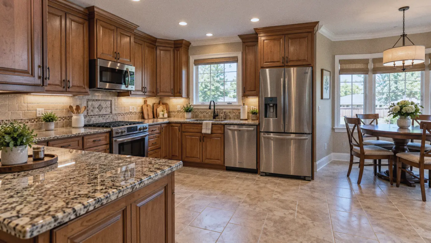 Concept rendering: kitchen with cherry cabinets, stainless appliances and under-cabinet lighting for Metairie, LA homes