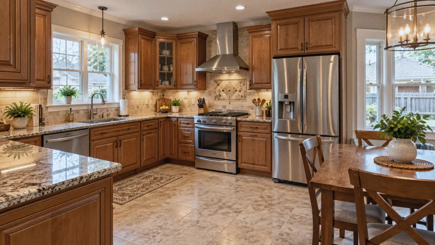 Concept rendering: kitchen with a stainless range hood, travertine floor and a dining table for Metairie, LA homes