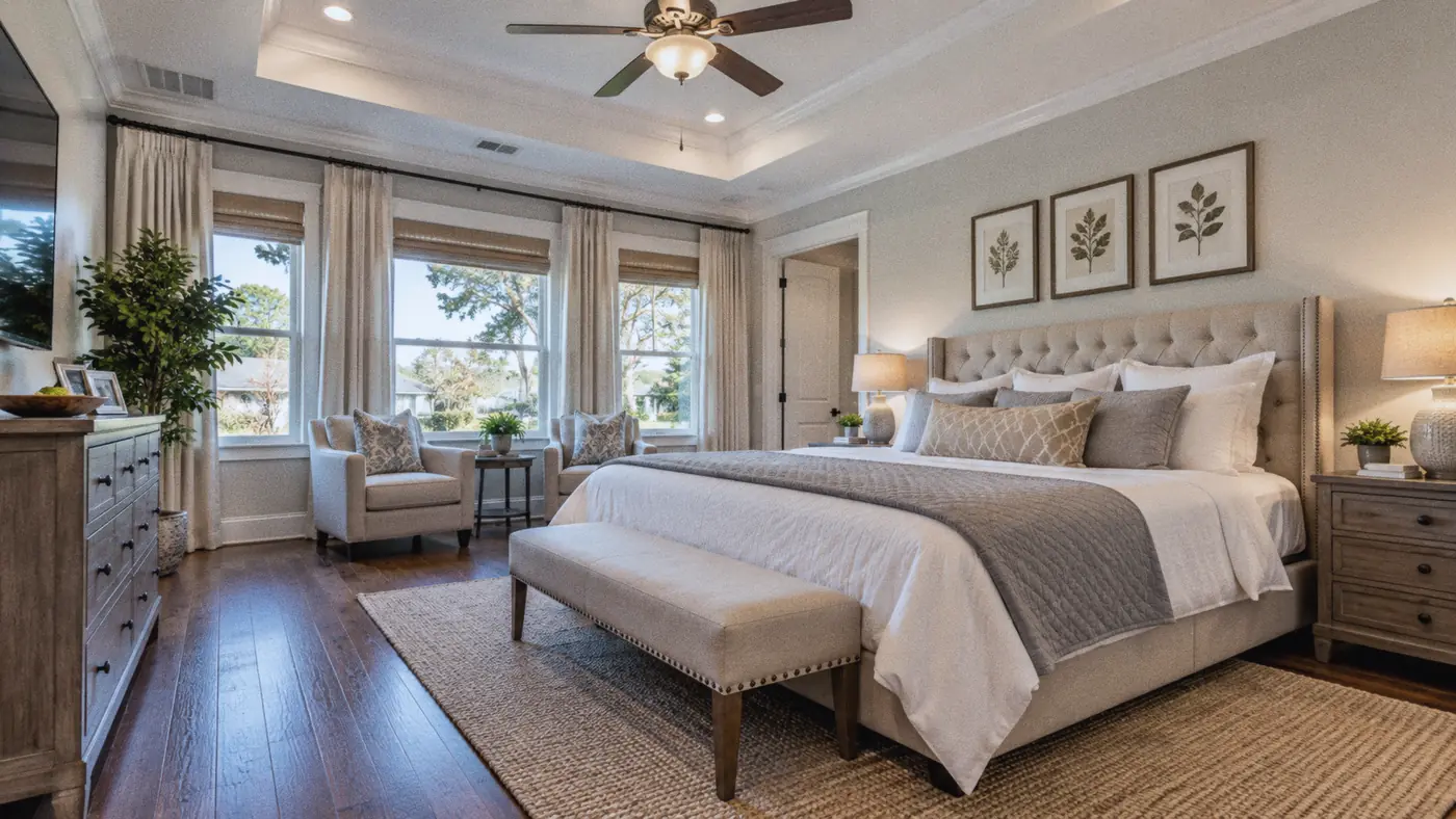 Concept rendering: master bedroom with recessed lights, a sitting corner and framed botanical art for Metairie, LA homes