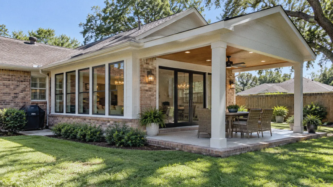 Concept rendering: patio and sunroom addition with black French doors and a grill area for Metairie, LA homes