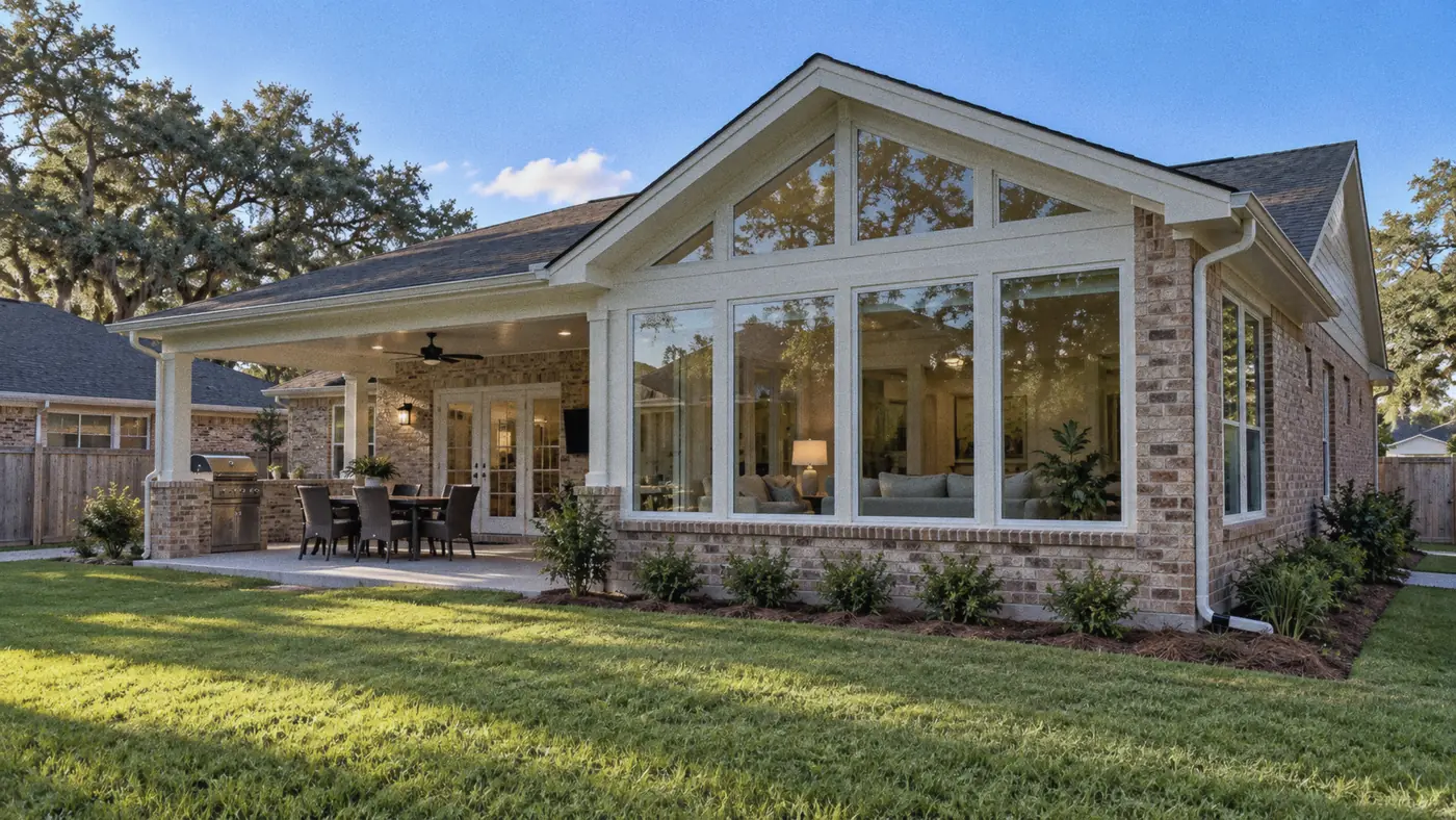 Concept rendering: sunroom addition with gable windows on a brick house and outdoor dining for Metairie, LA homes