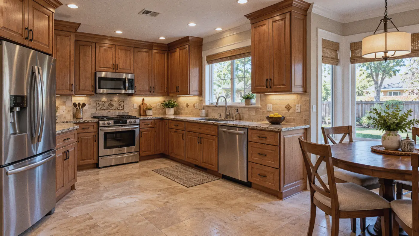 Concept rendering: warm-toned kitchen with tile floors, a tall refrigerator and a wood dining set for Metairie, LA homes