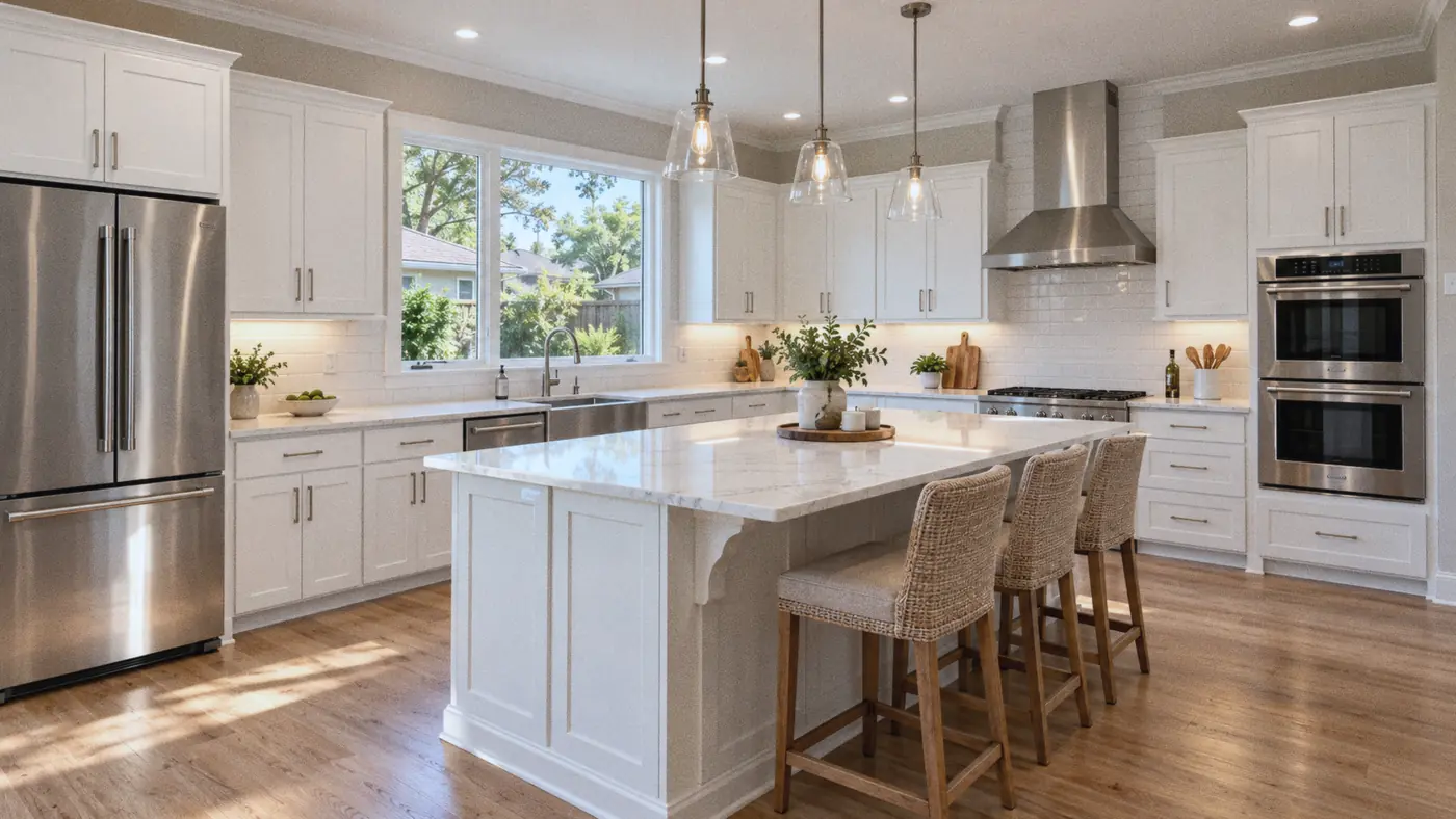 Concept rendering: bright white kitchen with an island, counter stools and three pendants for Metairie, LA homes