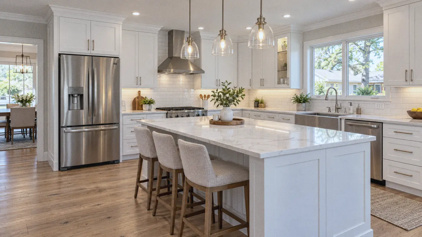 Concept rendering: white kitchen with a quartz island, stainless refrigerator and wood floors for Metairie, LA homes